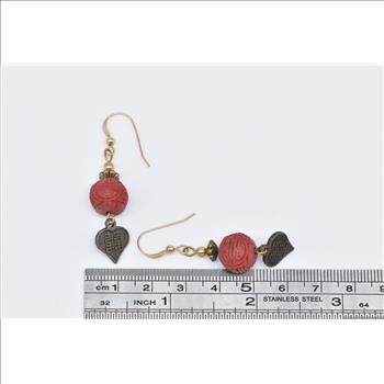 Base Metal Gold Plated Carnelian Flower Chinese Heart Dangle Earrings