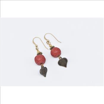 Base Metal Gold Plated Carnelian Flower Chinese Heart Dangle Earrings