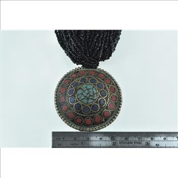 Basemetal Tibetan Layered Beaded Inlay Medallion Necklace 15.5