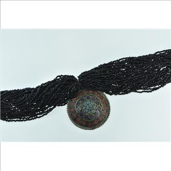 Basemetal Tibetan Layered Beaded Inlay Medallion Necklace 15.5