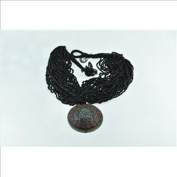 Basemetal Tibetan Layered Beaded Inlay Medallion Necklace 15.5