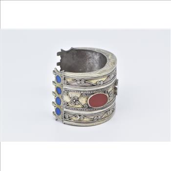 Coin Silver Ornate Carnelian Inlay Scroll Pattern Cuff Bracelet 6.5