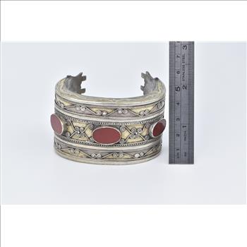 Coin Silver Ornate Carnelian Inlay Scroll Pattern Cuff Bracelet 6.5