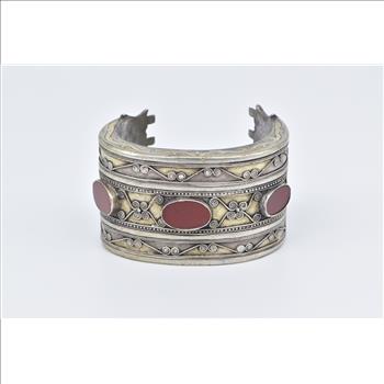 Coin Silver Ornate Carnelian Inlay Scroll Pattern Cuff Bracelet 6.5