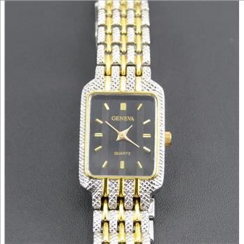 Geneva Gold Plated Stainless Textured Hinged Link Rectangular 19.9x16.4mm Face Vintage Unisex Wrist Watch