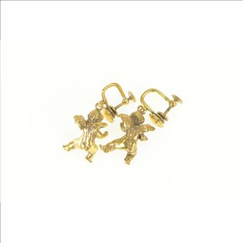 Gold Filled 3D Cherub Guardian Angel Screw Back Dangle Earrings