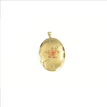 Gold Filled Orange Enamel Flower Oval Photo Locket Pendant