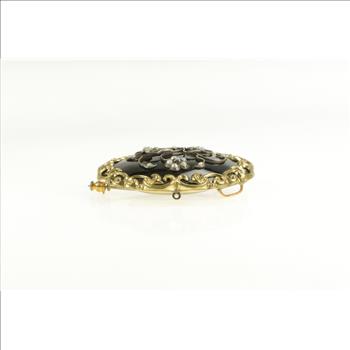 Gold Filled Victorian Black Onyx Seed Pearl Floral Mourning Pin/Brooch
