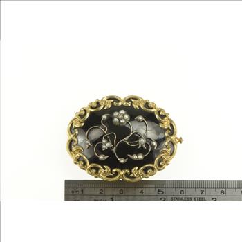 Gold Filled Victorian Black Onyx Seed Pearl Floral Mourning Pin/Brooch