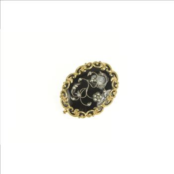 Gold Filled Victorian Black Onyx Seed Pearl Floral Mourning Pin/Brooch