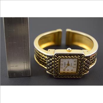 Gold Gilt Hinged Cuff 14.5x14.5mm Face Base Metal & Stainless - Ladies Vintage Wrist Watch
