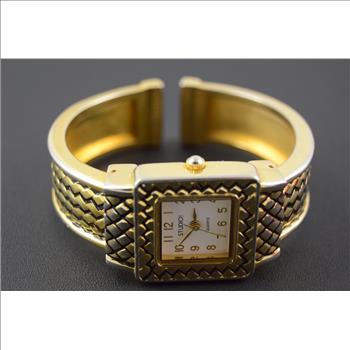 Gold Gilt Hinged Cuff 14.5x14.5mm Face Base Metal & Stainless - Ladies Vintage Wrist Watch