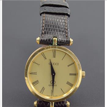 Gold Plated Gucci Black Leather Round 26.3mm Face Vintage Unisex Wrist Watch With Box