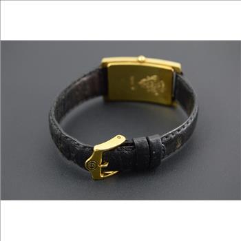 Gucci Gold Plated Rectangular Black Leather Strap 27.5x17.1mm Face Vintage Unisex Wrist Watch With Box