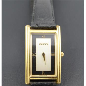 Gucci Gold Plated Rectangular Black Leather Strap 27.5x17.1mm Face Vintage Unisex Wrist Watch With Box