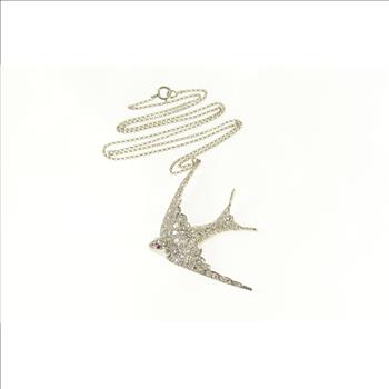 Platinum 3.06 Ctw Pave Diamond Ruby Sparrow Bird Necklace 18.25