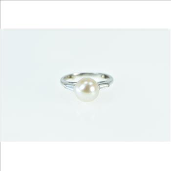 Platinum 8.45mm Pearl Diamond Classic Engagement Ring, Size 3.25