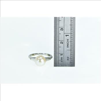 Platinum 8.45mm Pearl Diamond Classic Engagement Ring, Size 3.25