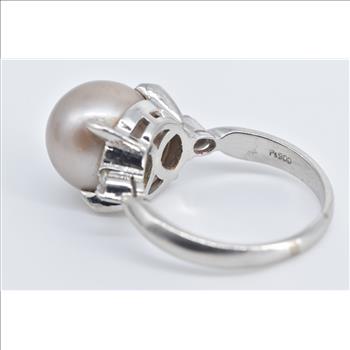 Platinum Champagne Pearl Natural Diamond Cocktail Ring, Size 8.25