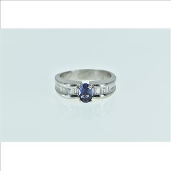 Platinum Oval Tanzanite Baguette Diamond Engagement Ring, Size 7.75