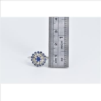 Platinum Sapphire Diamond Halo Cluster Halo Statement Ring, Size 6.25