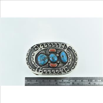 Silver Southwestern Coral Turquoise Ornate Belt Buckle
