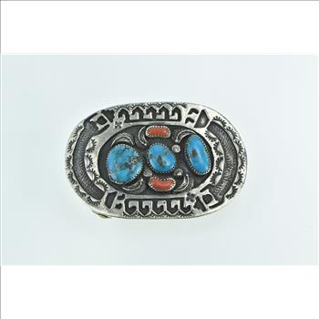 Silver Southwestern Coral Turquoise Ornate Belt Buckle