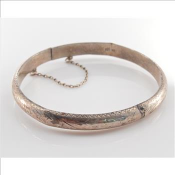 Solid Silver Etched Hinged Bangle with Safety Chain 2.25