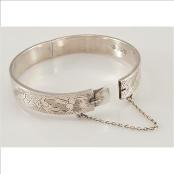 Solid Silver Wide Etched Hinged Bangle with Safety Chain 2.25