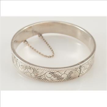 Solid Silver Wide Etched Hinged Bangle with Safety Chain 2.25