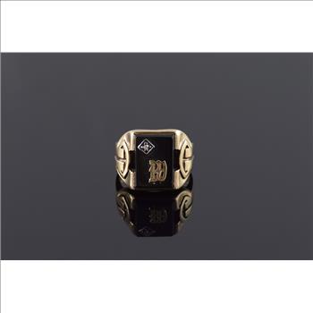 Starts @ Cost - 10K Onyx Diamond Accented W Letter Monogram Men's Yellow Gold Ring, Size 10