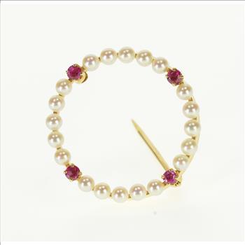 Starts @ Cost - 14K Retro Pearl Ruby Inset Round Circle Yellow Gold Pin/Brooch