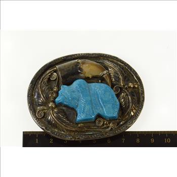 Sterling Native American Carved Turquoise Bear Belt Buckle