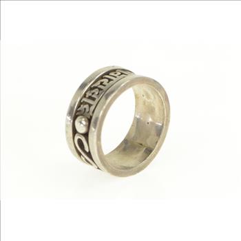 Sterling Silver 11.9mm Men's Ornate Sanskrit Mantra Band Ring, Size 13.75