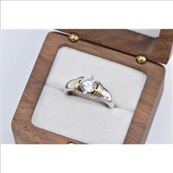 Sterling Silver 14k Gold CZ Solitaire Travel Engagement Ring, Size 8.75