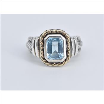 Sterling Silver 14k Gold Ornate Blue Topaz Statement Ring, Size 6.75