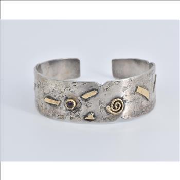 Sterling Silver 14k Gold Tourmaline Geometric Statement Cuff Bracelet 6.5