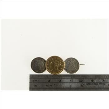 Sterling Silver 1857-97 US Canadian Coin Solid Gold Pin/Brooch