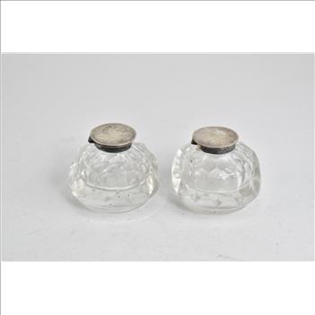 Sterling Silver 1862 Birmingham John Clemmens Crystal Inkwell Set (2 pcs)