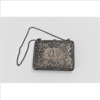 Sterling Silver 1908 Engraved Floral Scroll Ornate Silk Coin Purse