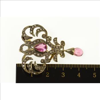 Sterling Silver 2.39 Ctw Victorian Pink Tourmaline Diamond Pendant/Pin