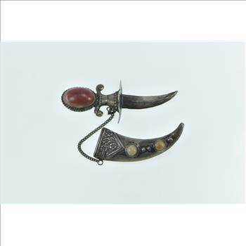 Sterling Silver Agate Articulated Turkish Dagger Chain Pin/Brooch