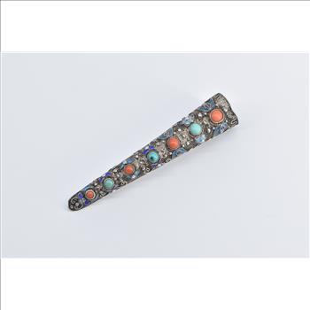 Sterling Silver Antique Chinese Finger Guard Coral Turquoise Pin/Brooch