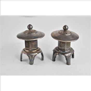 Sterling Silver Antique Salt Pepper Shakers Japanese Lantern Set (2 pcs)