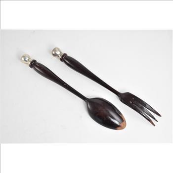 Sterling Silver Antique Wooden Salad Serving Fork Spoon Set