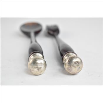 Sterling Silver Antique Wooden Salad Serving Fork Spoon Set