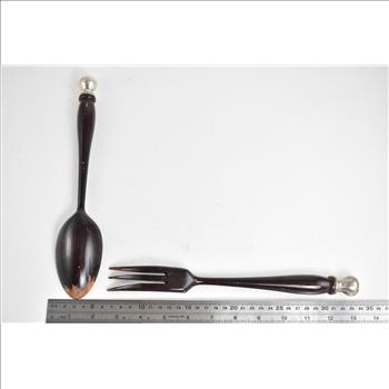 Sterling Silver Antique Wooden Salad Serving Fork Spoon Set