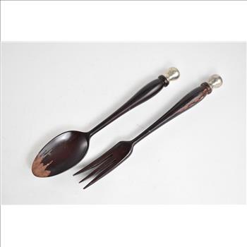 Sterling Silver Antique Wooden Salad Serving Fork Spoon Set