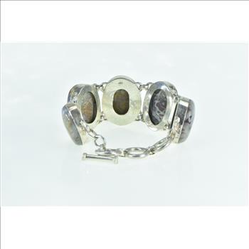 Sterling Silver Brown & White Agate Cabochon Ornate Chain Bracelet 6-7.5