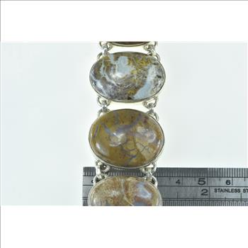 Sterling Silver Brown & White Agate Cabochon Ornate Chain Bracelet 6-7.5